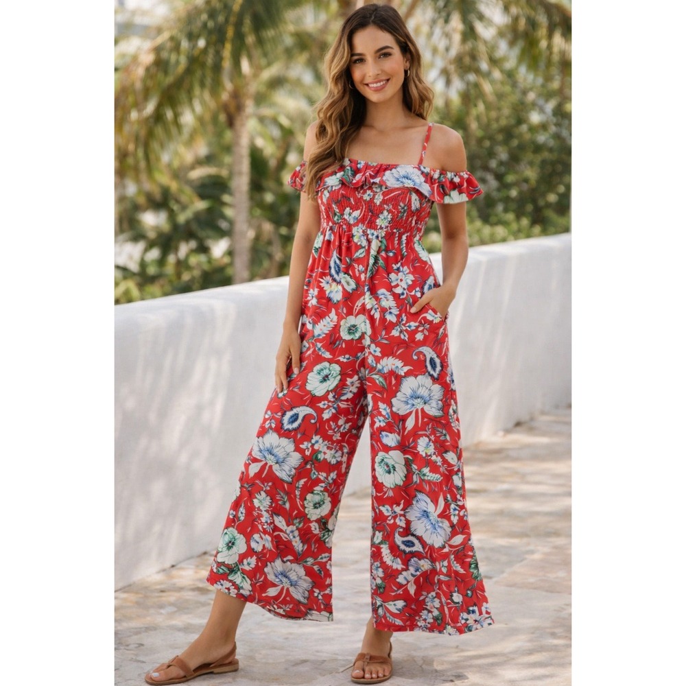 B.O.G Collective Red Floral Smocked Ruffle Wide Leg Jumpsuit XS Sleeveless